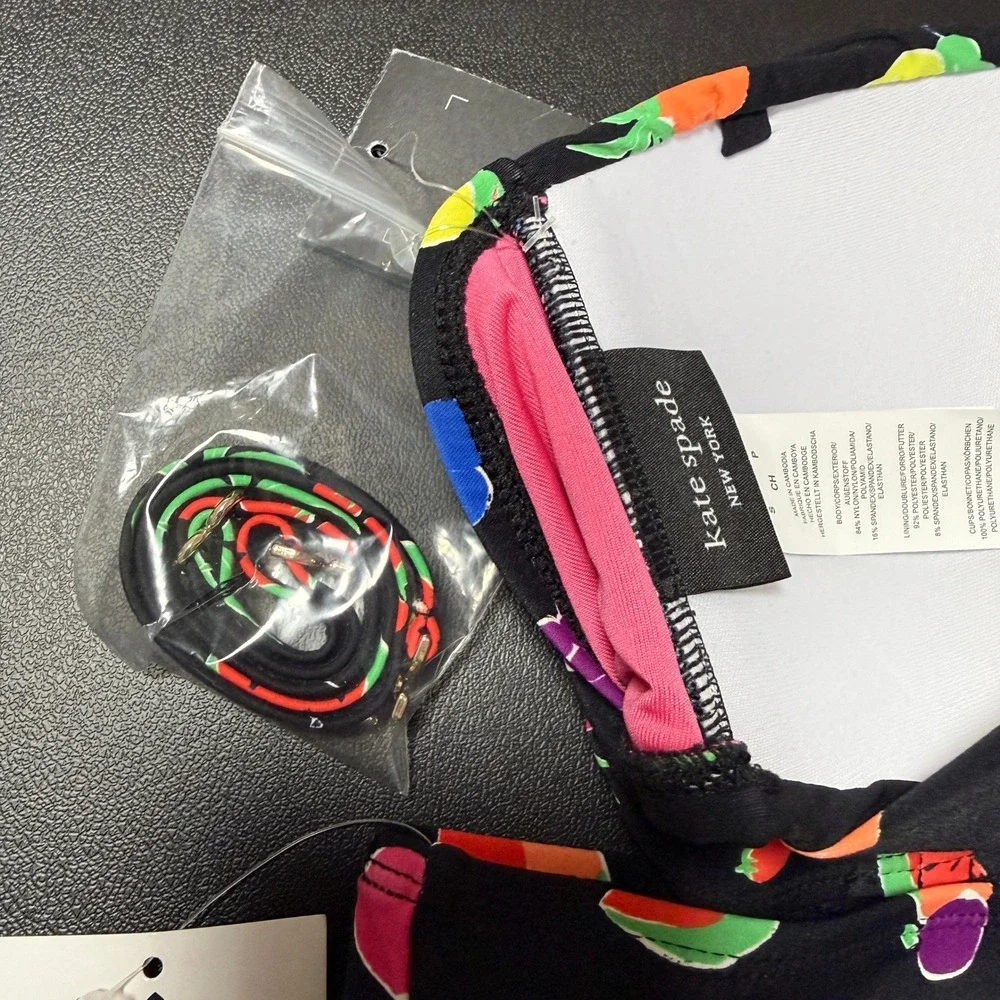 Kate Spade Bikini Set Womens S Black Fruit Print Bandeau Retro Resort Beachwear